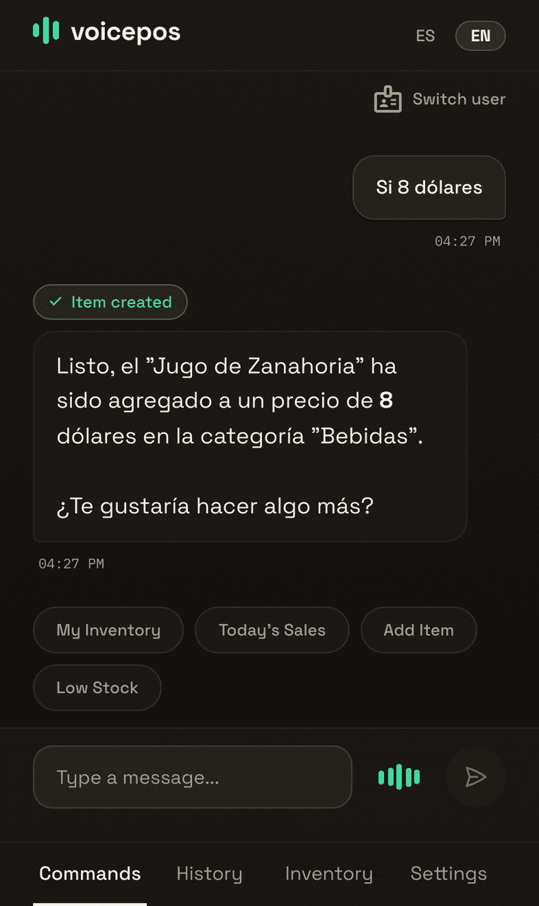 VoicePos commands screen: a staff message "Si 8 dólares", an "Item created" confirmation and quick actions for inventory, today’s sales, add item and low stock