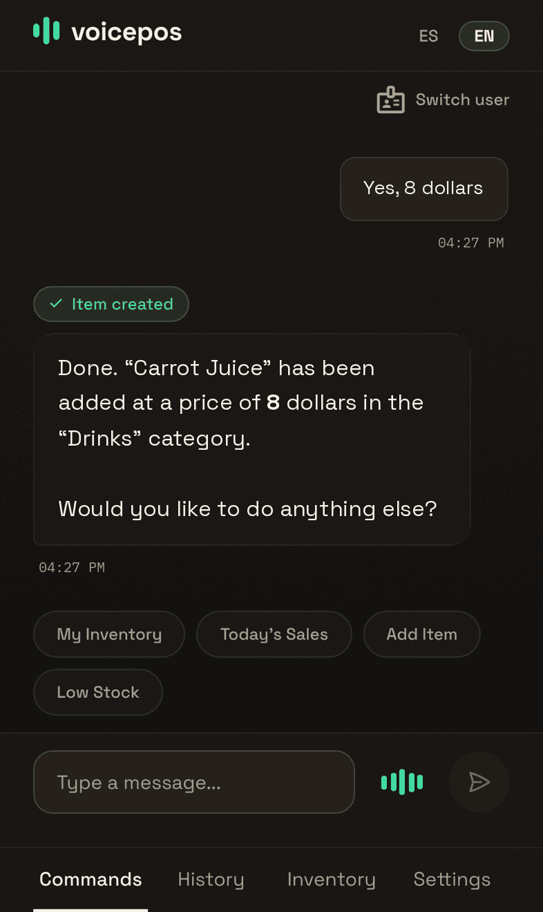 VoicePos commands screen: a staff message "Yes, 8 dollars", an "Item created" confirmation, the assistant’s reply and quick actions for inventory, today’s sales, add item and low stock