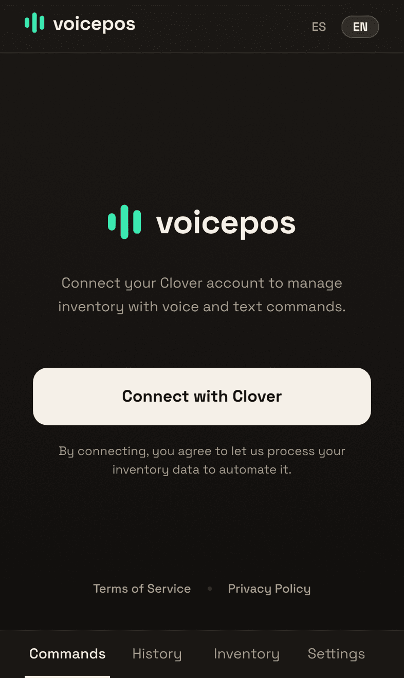 VoicePos welcome screen with the voicepos wordmark and a "Connect with Clover" button