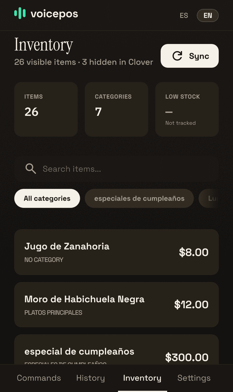 VoicePos inventory screen showing 26 visible items and 3 hidden in Clover, item and category counts, search and a category filter