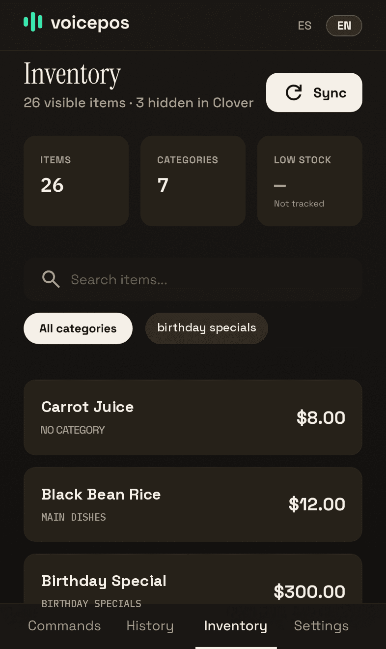 VoicePos inventory screen showing 26 visible items and 3 hidden in Clover, item and category counts, search and a category filter
