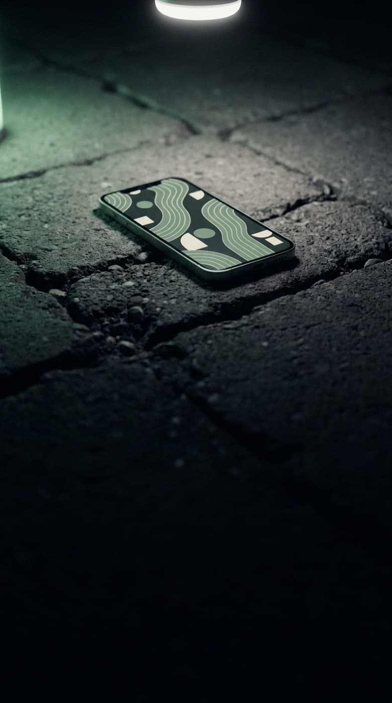 Smartphone on dark concrete displaying a minimal mobile app interface