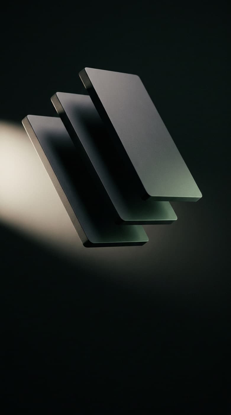 Three floating dark panels representing the layers of a SaaS product