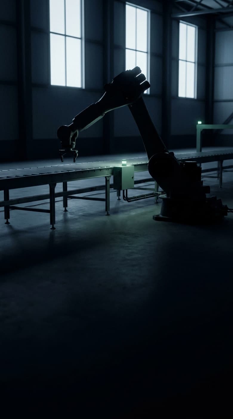 Robotic arm and conveyor line in a dark warehouse, representing business automation